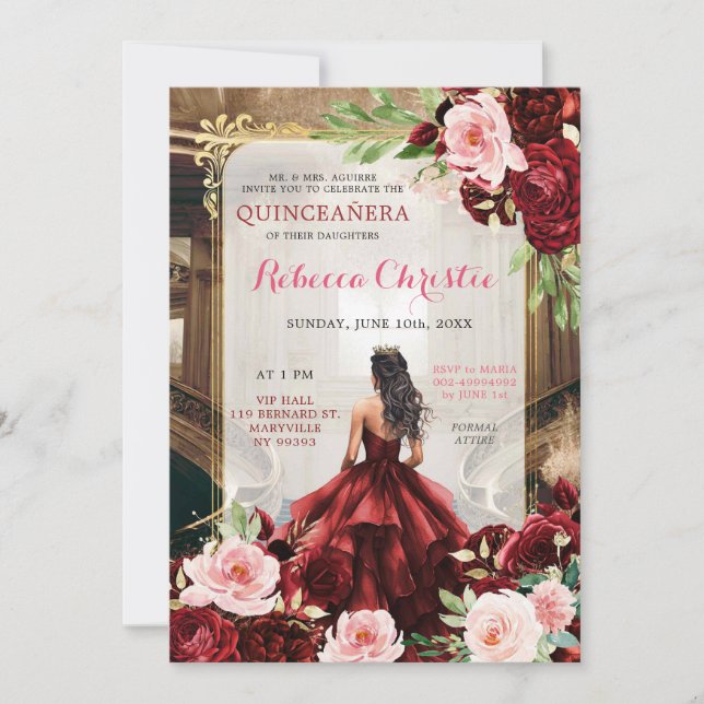 Blush Pink Burgundy Red Floral Quinceañera Invitation (Front)