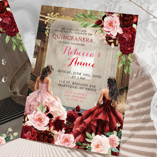 Blush Pink Burgundy Red Floral Twins Quinceañera Invitation