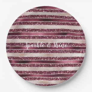 Blush Pink Burgundy Red Rose Glitter Stripes Paper Plate