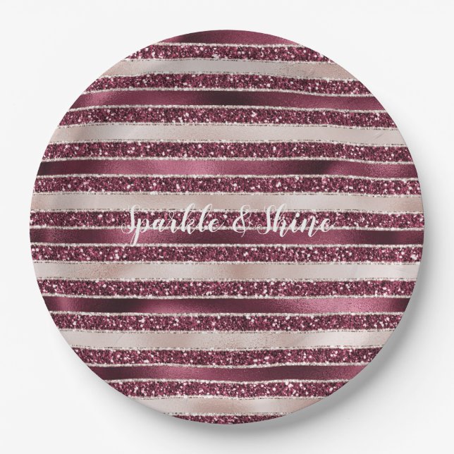 Blush Pink Burgundy Red Rose Glitter Stripes      Paper Plate (Front)