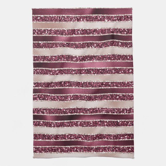 Blush Pink Burgundy Red Rose Glitter Stripes       Tea Towel (Vertical)