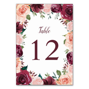 Blush Pink Burgundy Rose Floral Border Wedding Table Number