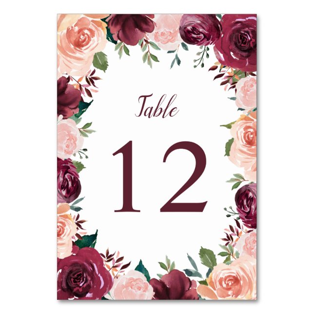 Blush Pink Burgundy Rose Floral Border Wedding Table Number (Front)