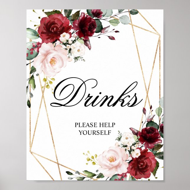 Blush Pink & Burgundy Rose Shower Drinks Sign (Front)