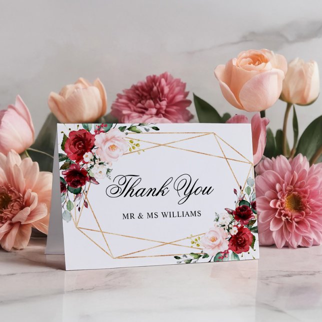 Blush Pink & Burgundy Rose Wedding Thank You Card (Creator Uploaded)