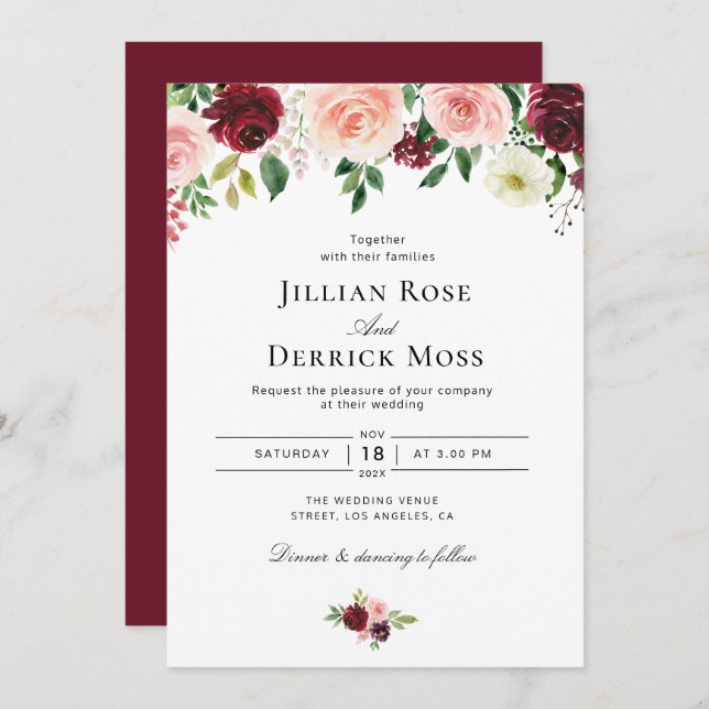 blush pink burgundy watercolor flowers wedding invitation (Front/Back)