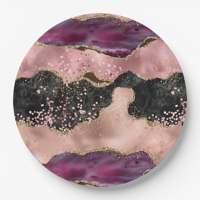 Blush Pink Burgundy Wine Gold Black Glitter Paper Plate (Front)