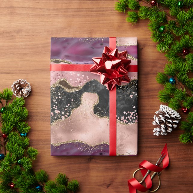 Blush Pink Burgundy Wine Gold Black Glitter Wrapping Paper (Holiday Gift)
