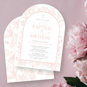 Blush Pink Butterflies Holy Baptism & 1st Birthday Invitation