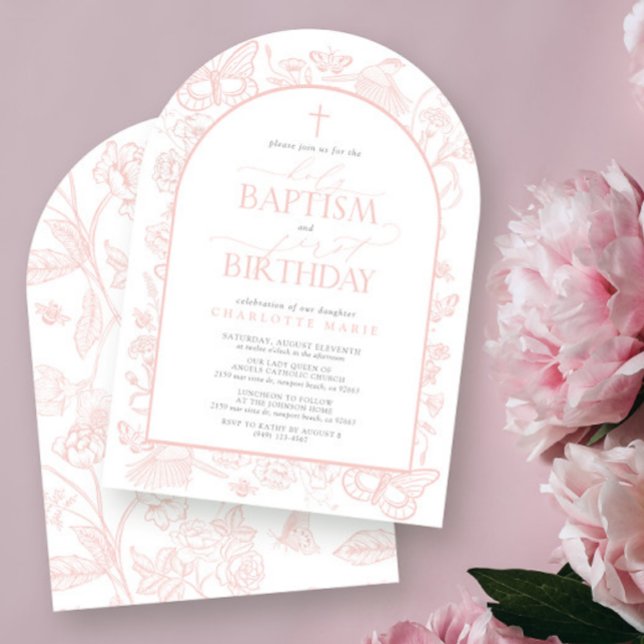 Blush Pink Butterflies Holy Baptism & 1st Birthday Invitation (Creator Uploaded)