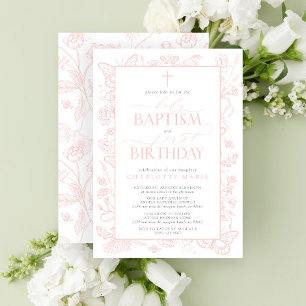 Blush Pink Butterflies Holy Baptism & 1st Birthday Invitation