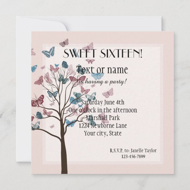 Blush Pink Butterflies Tree Sweet Sixteen Invitation (Back)