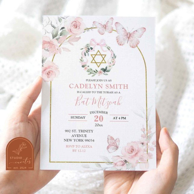 Blush Pink Butterfly Bat Mitzvah Floral Invitation (Creator Uploaded)