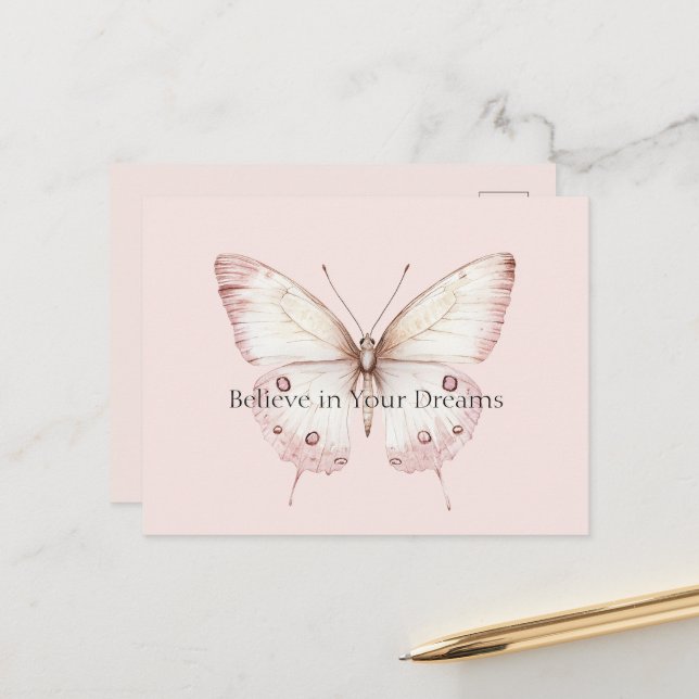 Blush Pink Butterfly Believe in Dreams Postcard (Front/Back In Situ)