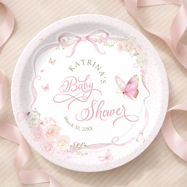 Blush Pink Butterfly Floral Girl Baby Shower Paper Plate (Creator Uploaded)