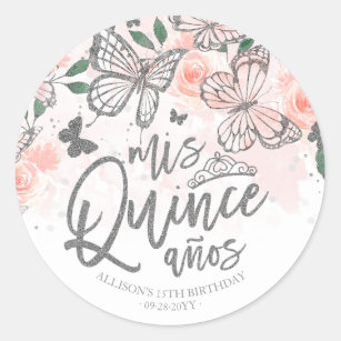 Blush Pink Butterfly Floral Quinceanera Party Clas Classic Round Sticker
