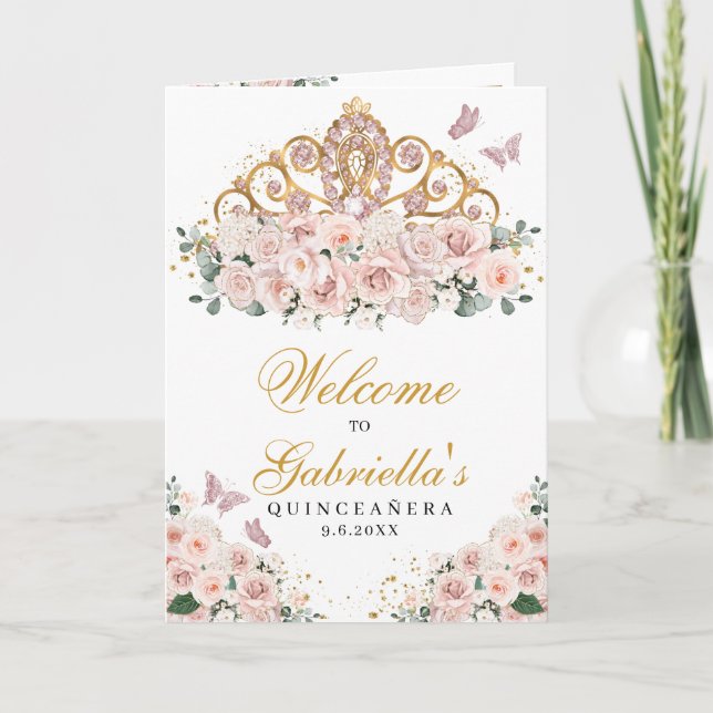 Blush Pink Butterfly Tiara Quinceanera Program Invitation (Front)