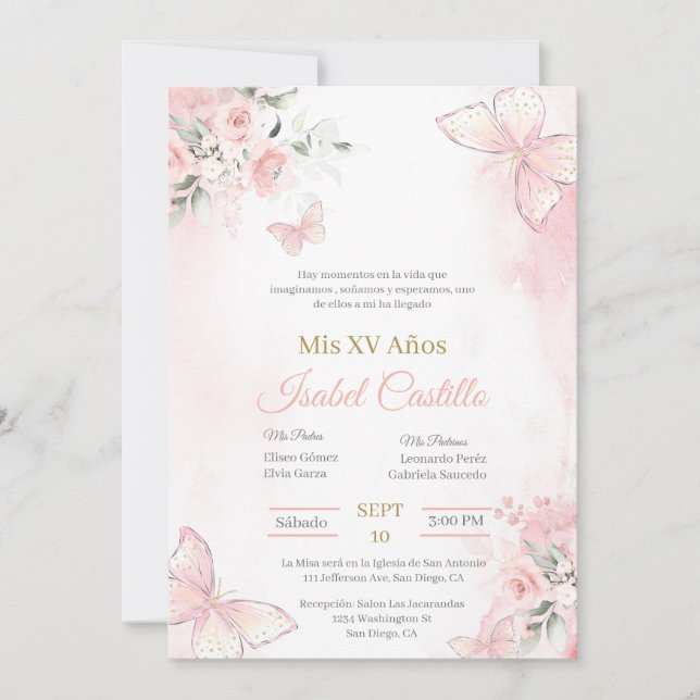 Blush Pink butterlfly Quinceanera invitation (Front)