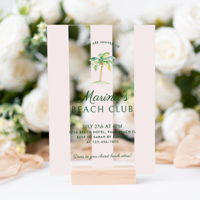 Blush Pink Cabana Stripes Palm Beach Club Birthday Acrylic Invitations (Creator Uploaded)