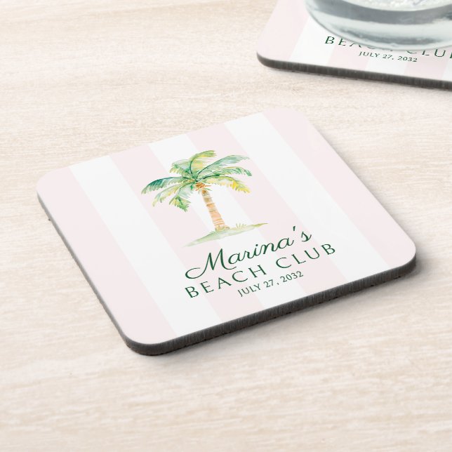 Blush Pink Cabana Stripes Palm Beach Club Birthday Coaster (Left Side)