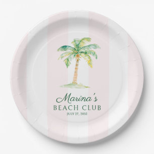 Blush Pink Cabana Stripes Palm Beach Club Birthday Paper Plate