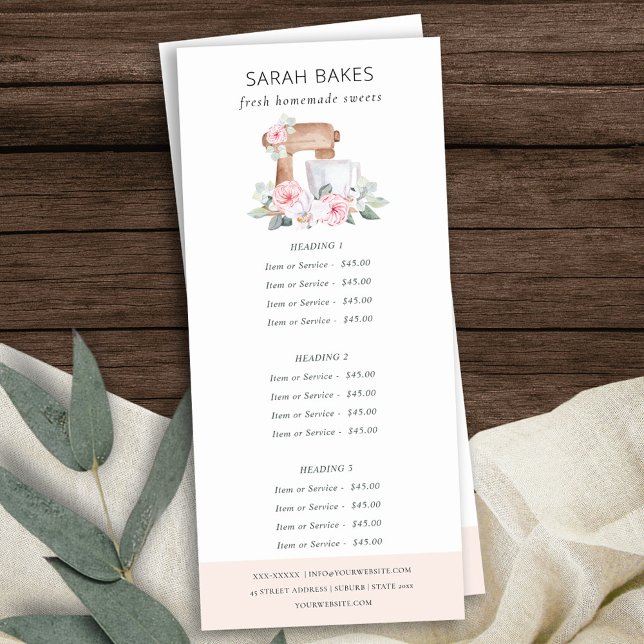 Blush Pink Cake Mixer Floral Bakery Service Price Rack Card (Creator Uploaded)