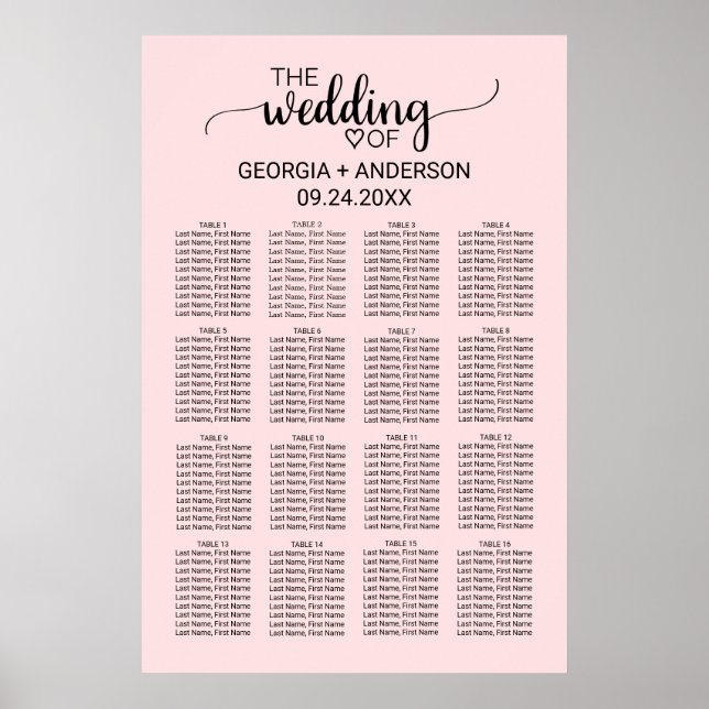 Blush Pink Calligraphy Wedding Seating Chart (Front)