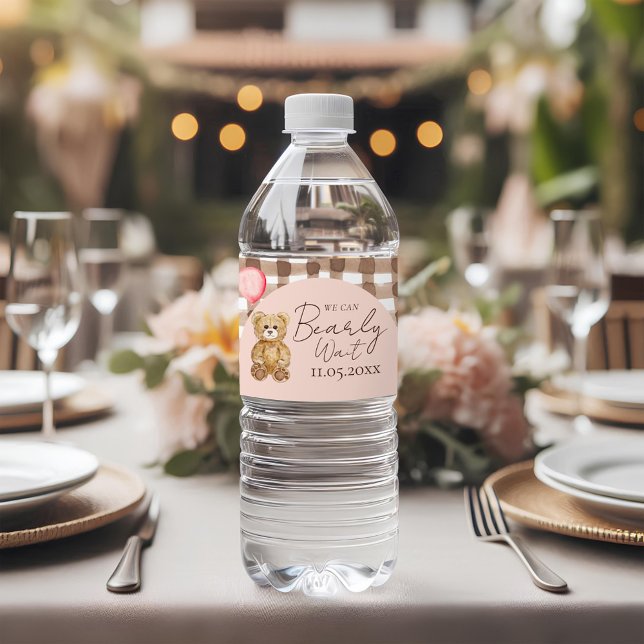 Blush Pink Can Bearly Wait Teddy Bear Baby Shower Water Bottle Label (Creator Uploaded)