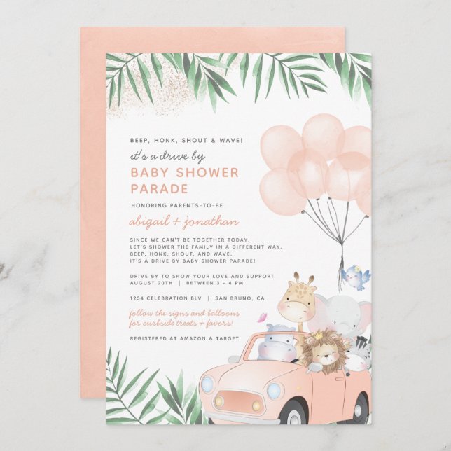 Blush Pink Car Safari Animals Drive By Baby Shower Invitation (Front/Back)