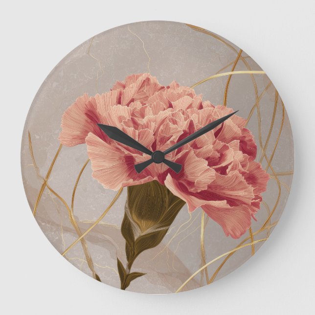 Blush Pink Carnation Floral Gold Large Clock (Front)