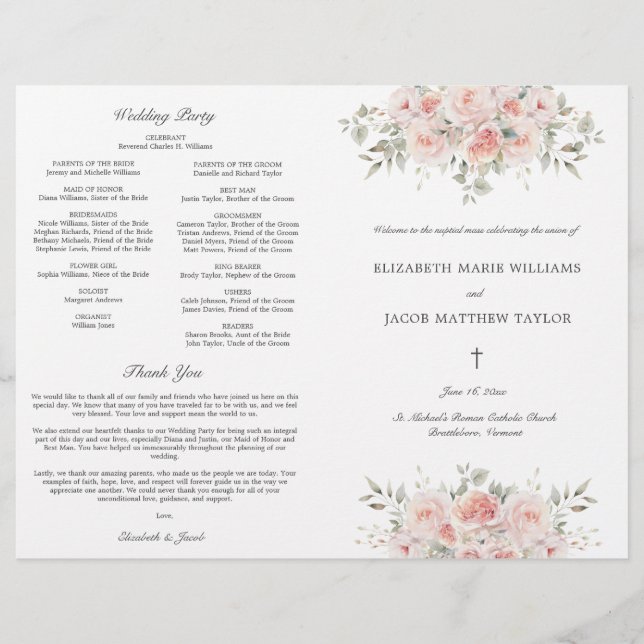 Blush Pink Catholic Wedding Ceremony Program (Front)