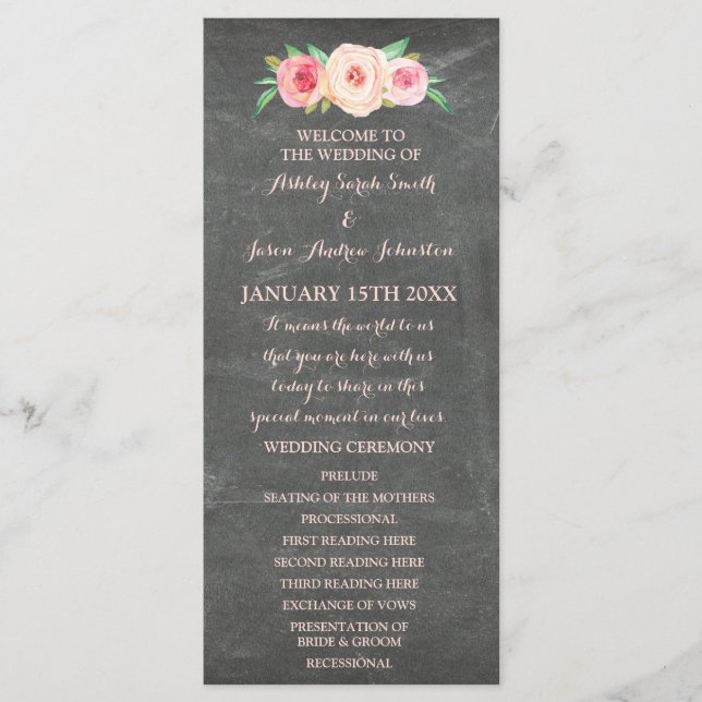 Blush Pink Chalkboard Floral Wedding Program Programme (Front)