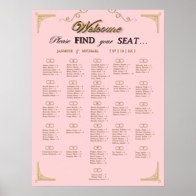 Blush Pink Champagne Gold Wedding Seating Chart (Front)