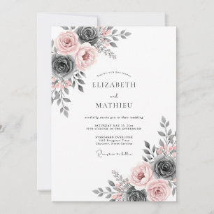 Blush Pink Charcoal Gray Ethereal Floral Wedding Invitation