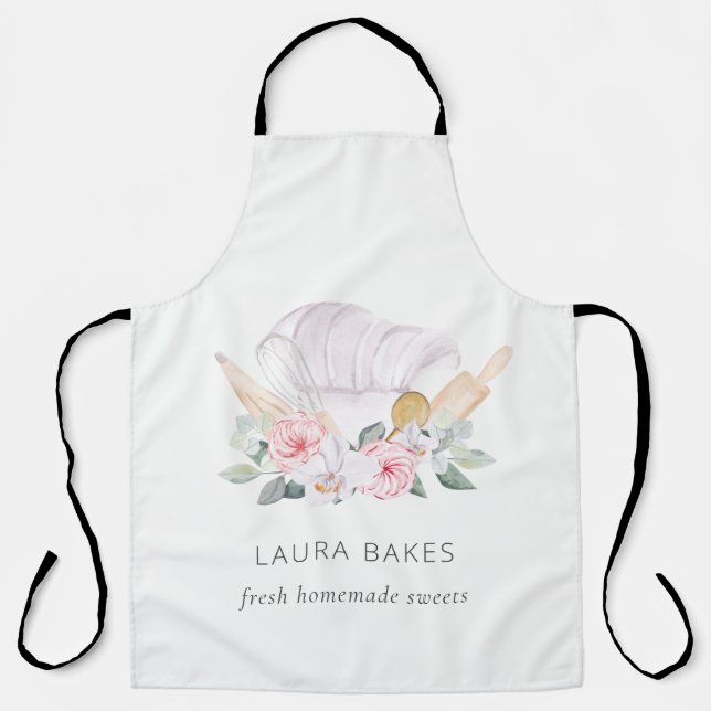 Blush Pink Chef Hat Catering Floral Roller Whisk Apron (Front)