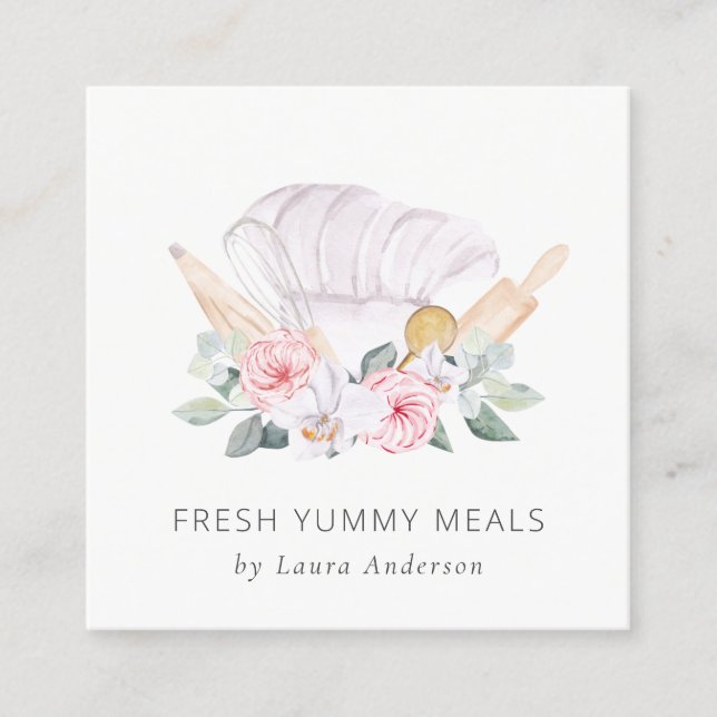 Blush Pink Chef Hat Catering Floral Roller Whisk Square Business Card (Front)