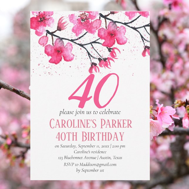 Blush Pink Cherry Blossom 40th Birthday Floral Invitation (Creator Uploaded)