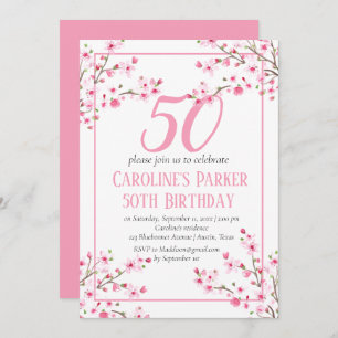 Blush Pink Cherry Blossom 50th Birthday Floral Invitation