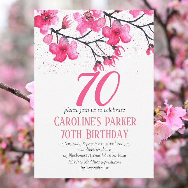 Blush Pink Cherry Blossom 70th Birthday Floral Invitation (Creator Uploaded)