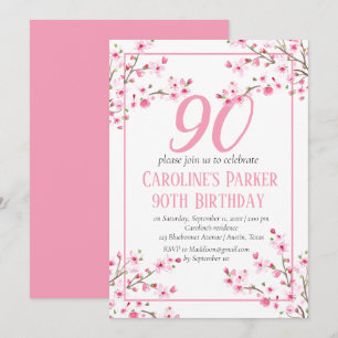 Blush Pink Cherry Blossom 90th Birthday Floral Invitation
