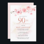 Blush  Pink Cherry Blossom 90th Birthday Invitation<br><div class="desc">The softest blush pink cherry blossoms rest on a branch at the top of this modern and minimalist 90th Birthday Party Invitation. A barely there pink watercolor wash adds dimension. The pale grey text is light and airy. The invitation back is also blush pink. The result is a modern botanical...</div>