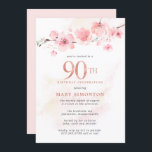 Blush  Pink Cherry Blossom 90th Birthday Invitation<br><div class="desc">The softest blush pink cherry blossoms rest on a branch at the top of this modern and minimalist 90th Birthday Party Invitation. A barely there pink watercolor wash adds dimension. The pale grey text is light and airy. The invitation back is also blush pink. The result is a modern botanical...</div>