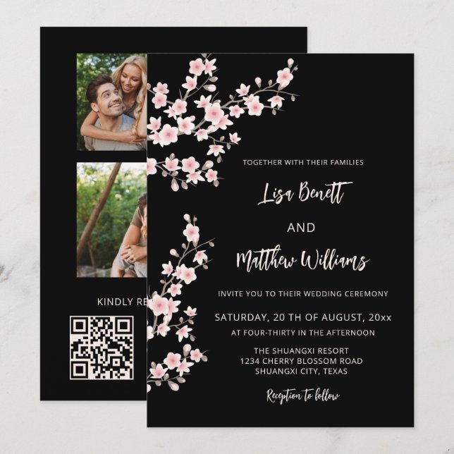  Blush Pink Cherry Blossom Black Invitation (Front/Back)
