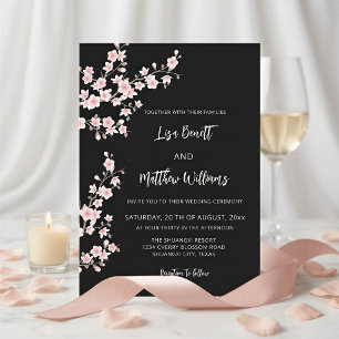  Blush Pink Cherry Blossom Black Invitation