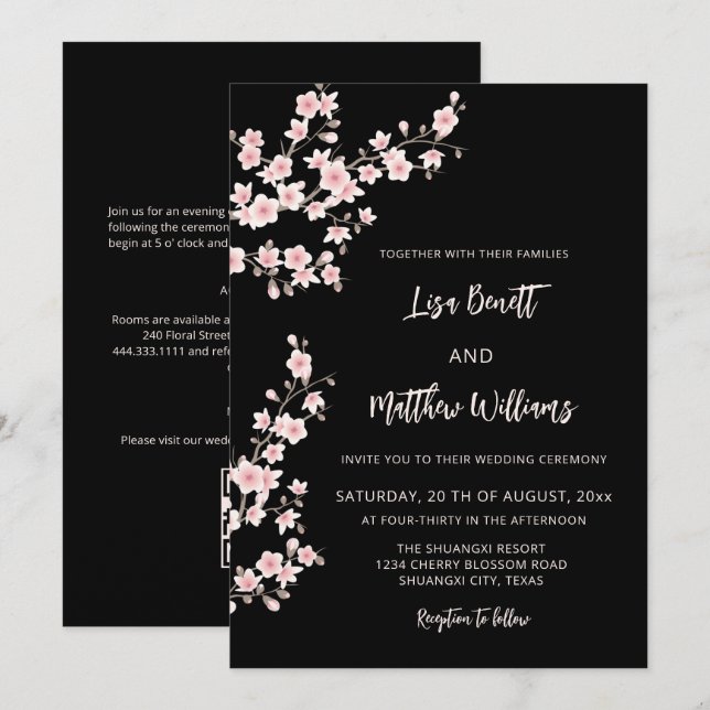  Blush Pink Cherry Blossom Black Invitation (Front/Back)
