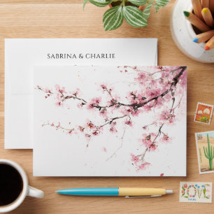 Blush Pink Cherry Blossom Elegant Floral Wedding Envelope