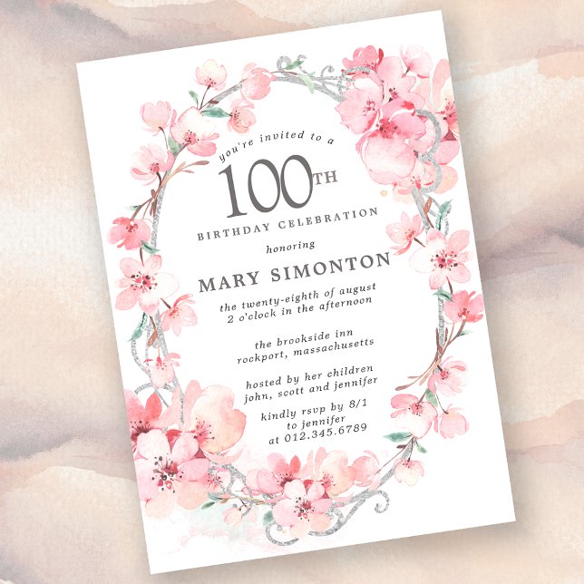 Blush Pink Cherry Blossom Floral 100th Birthday Invitation (Creator Uploaded)