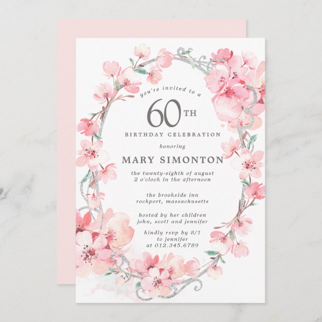 Blush Pink Cherry Blossom Floral 60th Birthday Invitation (Front/Back)