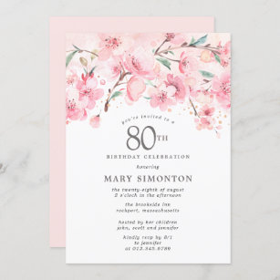 Blush Pink Cherry Blossom Floral 80th Birthday Invitation