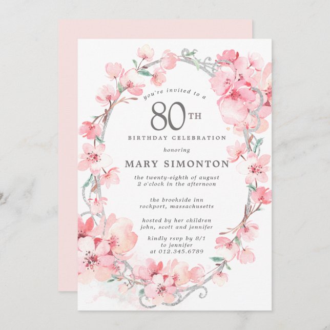 Blush Pink Cherry Blossom Floral 80th Birthday Invitation (Front/Back)